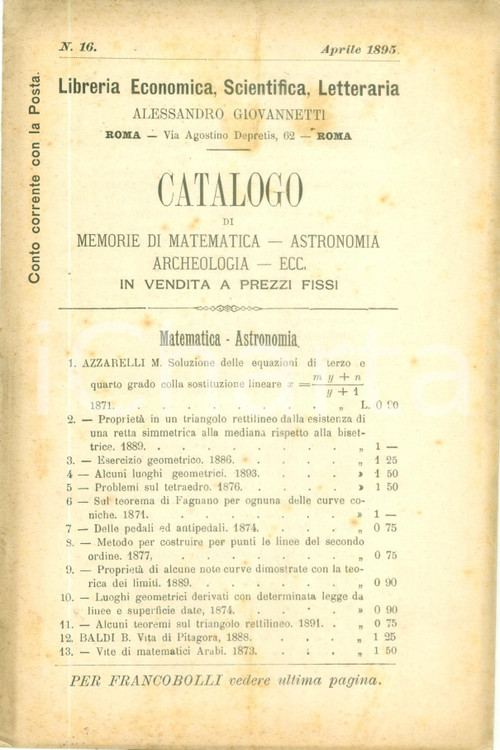 1895 MILANO Libreria Alessandro GIOVANNETTI Catalogo libri scelti matematica PAGINE: 16 CONDIZIONI: GOOD    originale e autentica 1