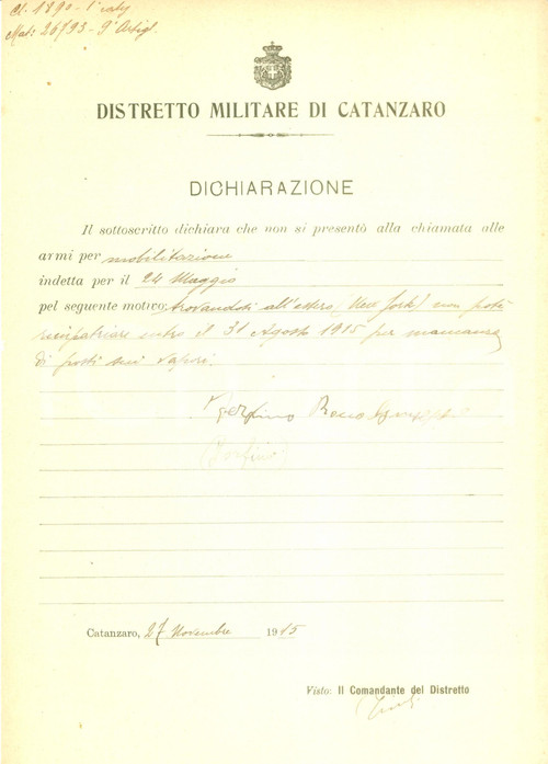 1915 CATANZARO WW1 Rocco IORFINO a NEW YORK durante la mobilitazione *Documento
