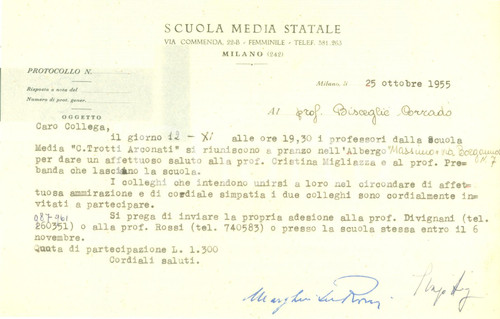 1955 MILANO Pranzo della Scuola Media ARCONATI per salutare Cristina MIGLIAZZA