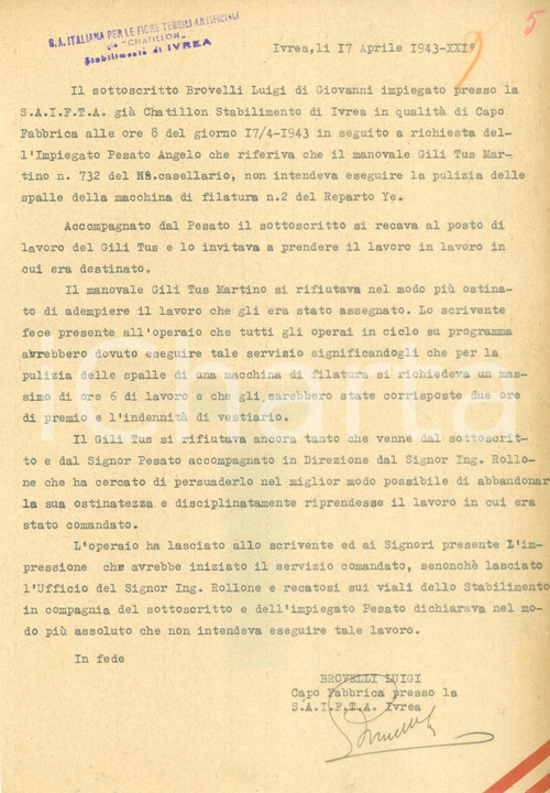 1943 IVREA Azienda CHATILLON Manovale Martino GILI TUS continua a non lavorare