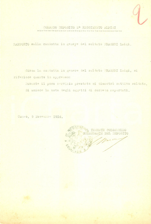 1916 CUNEO WW1 2° Reggimento Alpini Luigi FRASERI è stato un cattivo soldato