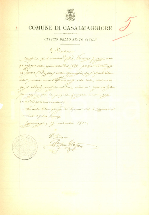 1911 CASALMAGGIORE CR Vincenzo GALLI non arruolabile perché residente in PRUSSIA