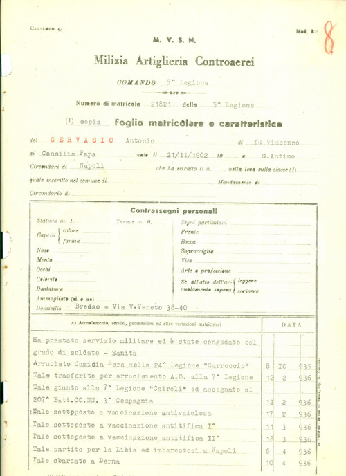 1941 MILANO WW2 MVSN Antonio GERVASIO di BRESSO Milizia Artiglieria Controaerei