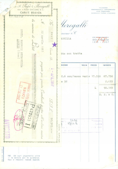 1956 CARATE BRIANZA (MB) Impermeabili Alfa ROSSI & MEREGALLI Fattura commerciale