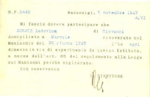 1927 RACCONIGI (CN) Lodovica ABRATE dimessa dal Manicomio Provinciale di CUNEO