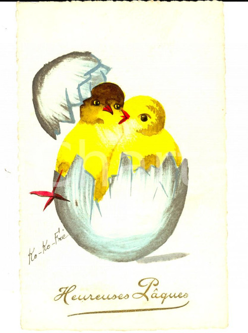 1920 ca KO-KO-FRE Cartolina PASQUA con pulcini nell'uovo *DIPINTA A MANO FP DATA: 1920 ca  LUOGO: PARIS (FRANCIA)  TITOLO: CARTOLINA PASQUALE DIPINTA A MANO  DESCRIZIONE: Bella cartolina postale d'epoca, dipinta a mano e firmata Ko-Ko-Fre. CONDIZIONI: buone FORMATO: FP  Cartolina postale d'epoca, originale, autentica, FP, NV.     originale e autentica 1