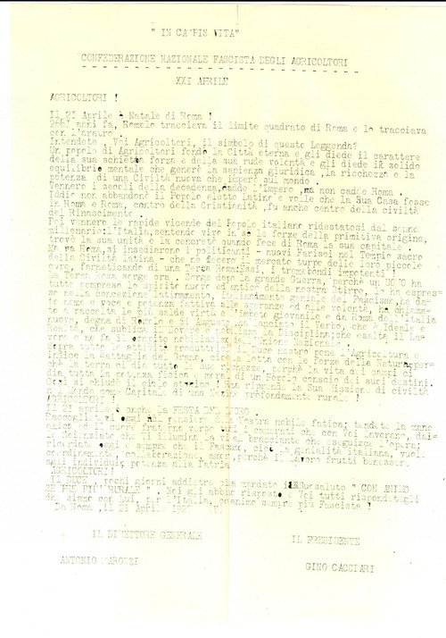 1927 CNFA Gli agricoltori festeggino il Natale di Roma *Lettera PROPAGANDA 