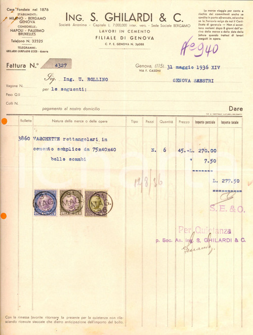 1936 GENOVA Società Anonima ING. GHILARDI - Lavori in cemento *Fattura