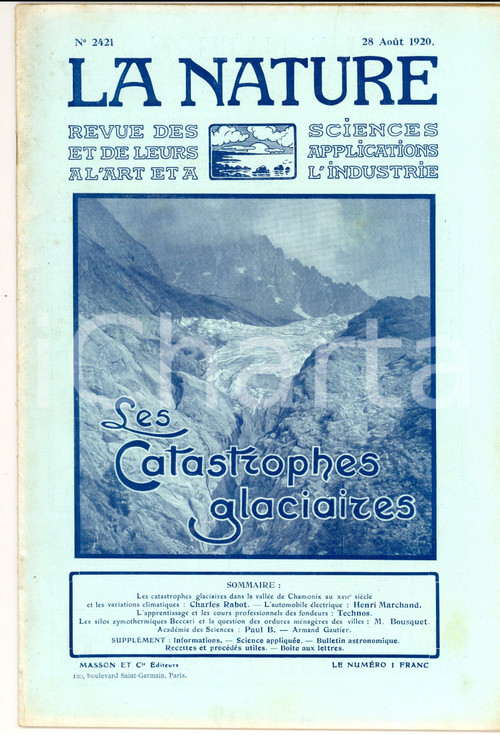 1920 LA NATURE Les catastrophes glaciaires *Revue ILLUSTREE SCIENCE nÂ° 2421 DATA: 28 agosto 1920TITOLO: LA NATURE - CATASTROFI GLACIALIN&deg; 2421DESCRIZIONE: Rivista scientifica d'epoca, con numerose illustrazioni b/n e inserzioni pubblicitarie nel testo.PAGINE: 30FORMATO: cm 22 x 30CONDIZIONI: buoneRivista d'epoca, originale, autentica.    originale e autentica 1