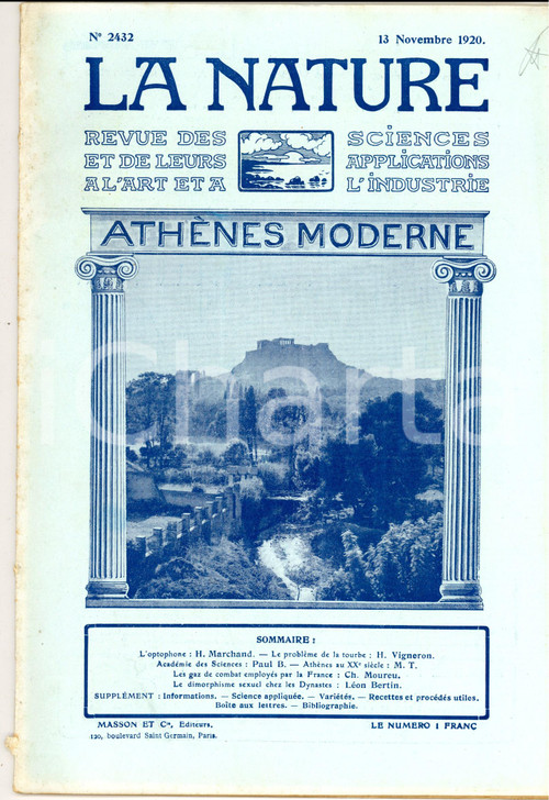 1920 LA NATURE AthÃ¨nes au XXe siÃ¨cle *Revue ILLUSTREE SCIENCE nÂ° 2432 DATA: 13 novembre 1920TITOLO: LA NATURE - ATENE NEL XX SECOLON&deg; 2432DESCRIZIONE: Rivista scientifica d'epoca, con numerose illustrazioni b/n e inserzioni pubblicitarie nel testo.PAGINE: 30FORMATO: cm 22 x 30CONDIZIONI: buoneRivista d'epoca, originale, autentica.    originale e autentica 1