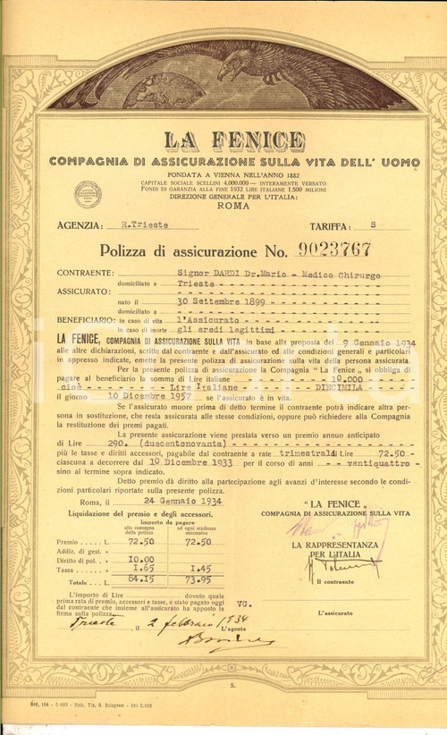 1934 TRIESTE Compagnia LA FENICE Polizza assicurazione sulla vita di Mario DARDI