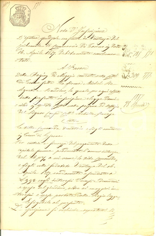 1857 TORRE PELLICE (TO) Iscrizione  a carico di Demetrio CONCOURDE *Manoscritto