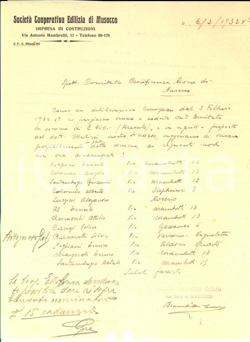 1932 MILANO Aocietà Cooperativa Edilizia di MUSOCCO Elenco dei soci disoccupati