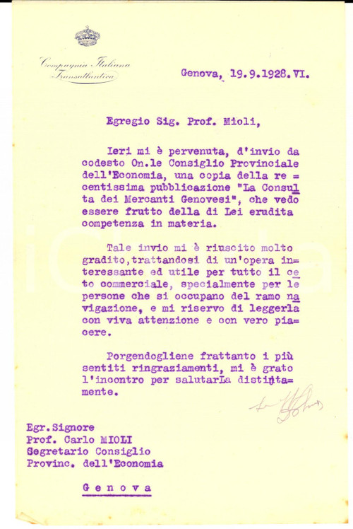 1928 GENOVA Compagnia Italiana Transatlantica - Lettera di ringraziamento