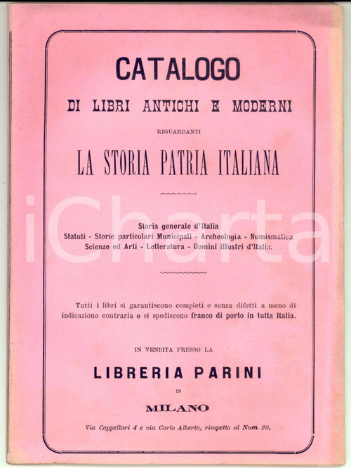 1880 ca MILANO Catalogo libreria PARINI - Libri di storia patria italiana
