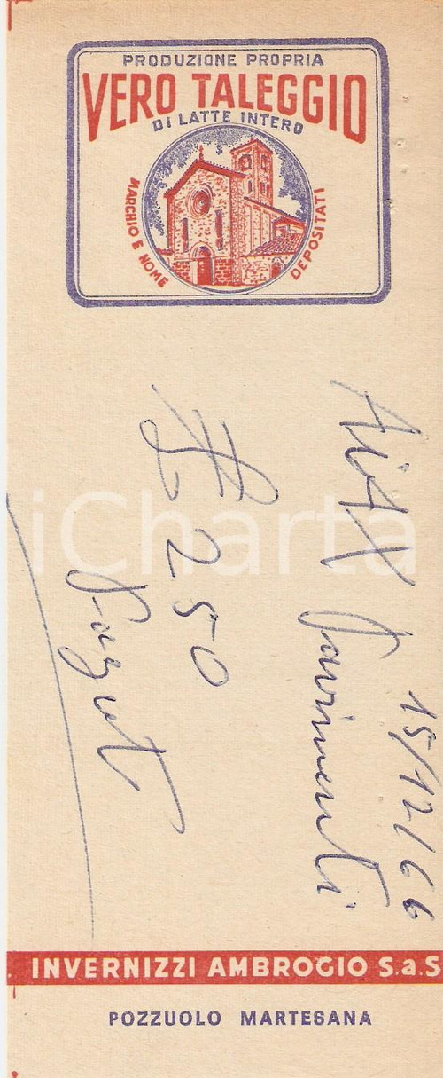 1965 ca POZZUOLO MARTESANA (MI) Ambrogio INVERNIZZI Taleggio *Ricevuta 7x17 cm