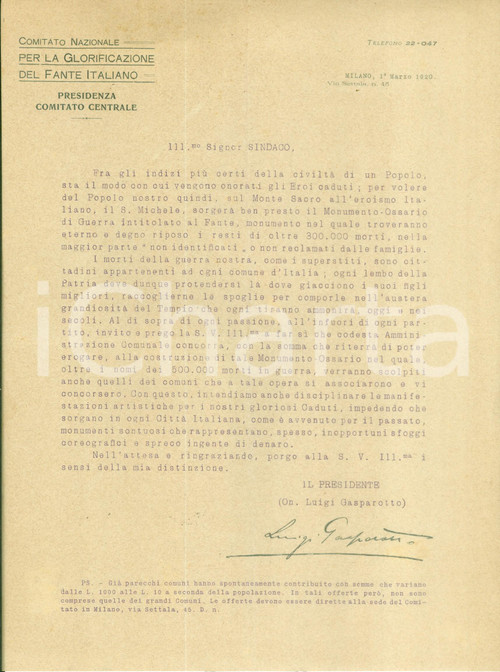 1920 MILANO Comitato Nazionale per la Glorificazione del Fante Italiano