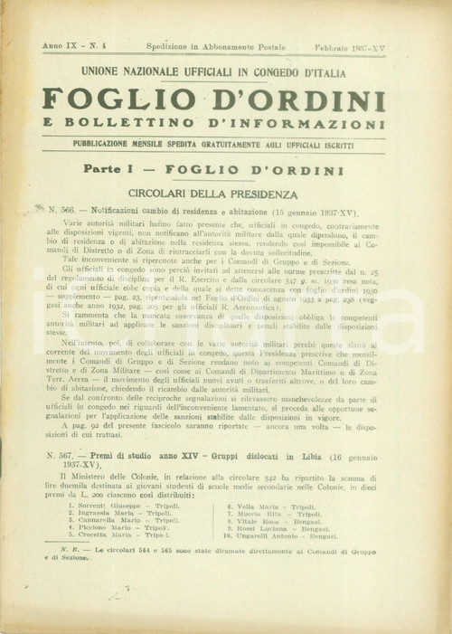 1937 ROMA U.N.U.C.I. Foglio d'ordini Circolari della Presidenza *Rivista