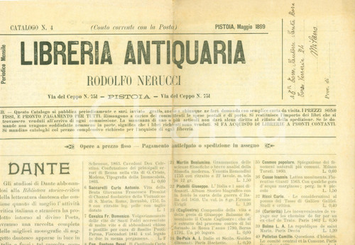 1899 PISTOIA Libreria Antiquaria Rodolfo NERUCCI Catalogo schede bibliografiche Catalogo antiquario d'epoca, originale, autentico.DIMENSIONI: cm 30 x 42PAGINE: 4  CONDIZIONI: FAIR    originale e autentica 1