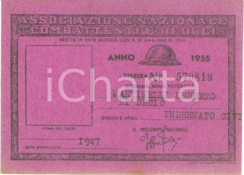1955 COLLESCIPOLI Associazione Nazionale Combattenti Tessera Umberto MARTINELLI