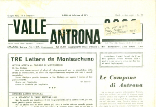 1972 Mensile LA VALLE ANTRONA Le Campane di ANTRONA *Giornale DATA: Giugno 1972TITOLO: VALLE ANTRONA 2000LE CAMPANE DI ANTRONADESCRIZIONE: Giornale d'epoca; intonso.PAGINE: 8 DIMENSIONI: cm 28 x 38CONDIZIONI: buone (lievi macchie).Rivista d'epoca, originale, autentica.    originale e autentica 1