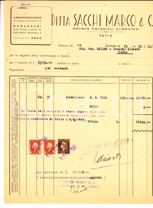 1945 PAVIA Ditta Marco SACCHI alimentari *Fattura intestata per marmellata