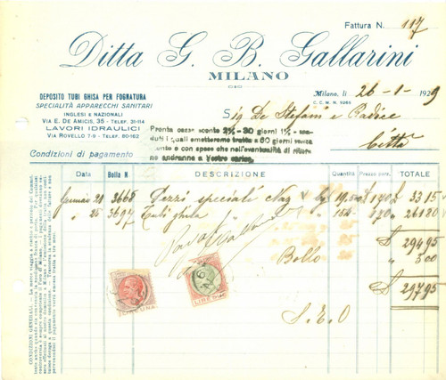 1929 MILANO Ditta GALLARINI Tubi ghisa per fognatura *Fattura