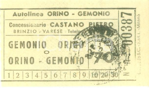 1954 BRINZIO (VA) Autovia VALCUVIA Impresa Automobilistica CASTANO *Biglietto
