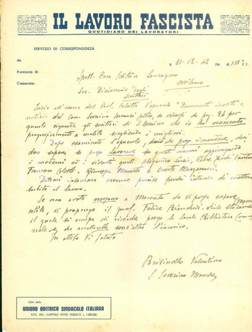 1942 MILANO Valentino BRISINELLO si propone collaboratore Dizionario Scrittori