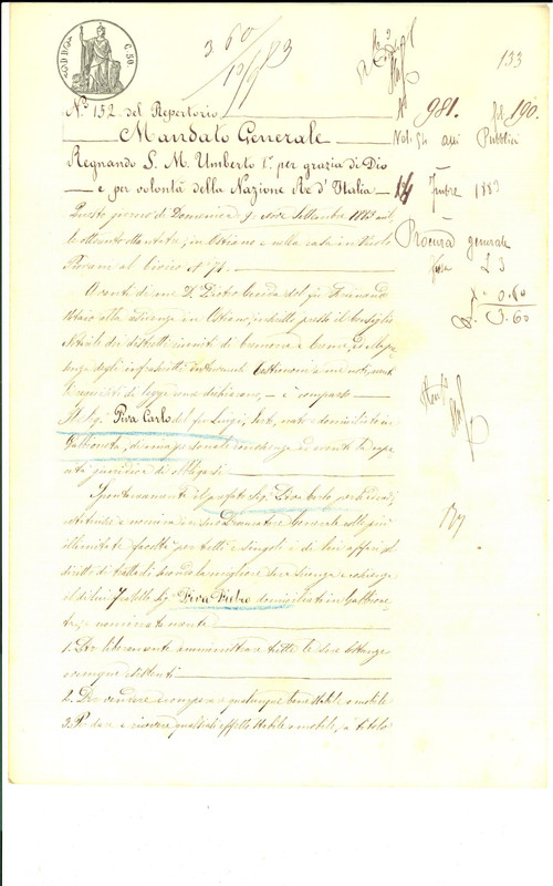 1883 GABBIONETA Mandato generale di Carlo PIVA al fratello Pietro *Manoscritto