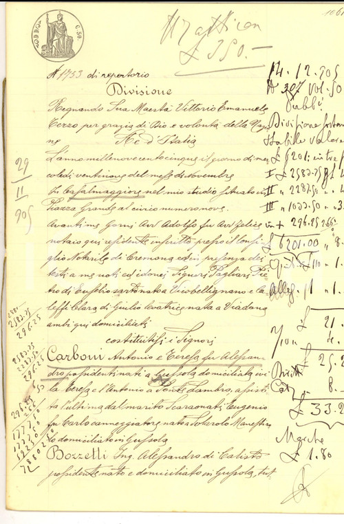 1905 GUSSOLA (CR) Divisione ereditaria tra Antonio, Carlo e Teresa CARBONI 