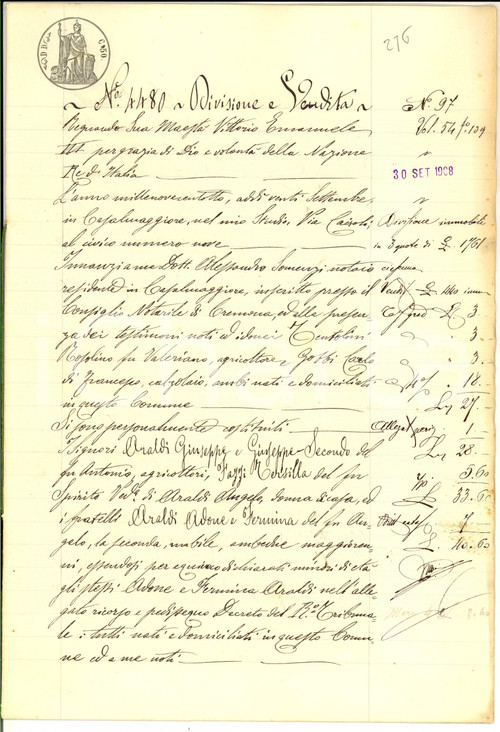 1908 CASALMAGGIORE Fratelli ARALDI dividono e vendono campo VOLTA *Manoscritto
