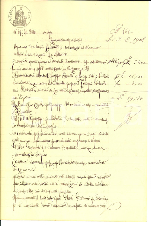 1908 SOSPIRO (CR) Giovanni GHISI si riconosce debitore dei fratelli SACCHI