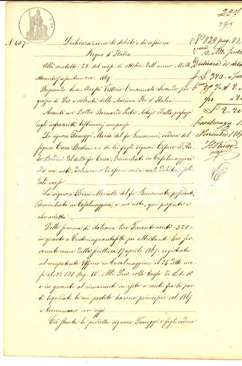 1869 SCANDOLARA RAVARA Dichiarazione debito di Maria TANEGGI verso Marietta BINI