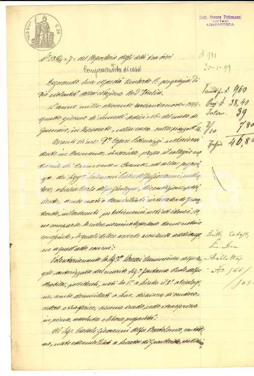 1899 LEVATA / GRONTARDO Annunciata ARCARI vende casa a Giovanni CASALI