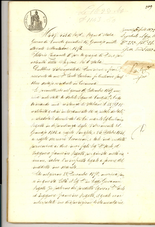 1872 CREMONA Divisione ereditaria beni fratelli Carlo e Francesco RIGOTTI 88 pp. Atto notarile d'epoca.CONDIZIONI: G    originale e autentica 1