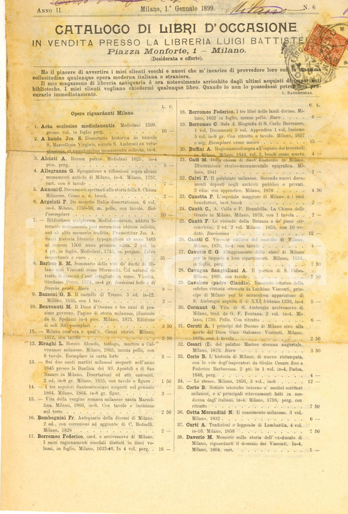 1899 MILANO Libreria Luigi BATTISTELLI Catalogo libri d'occasione su Milano n° 6