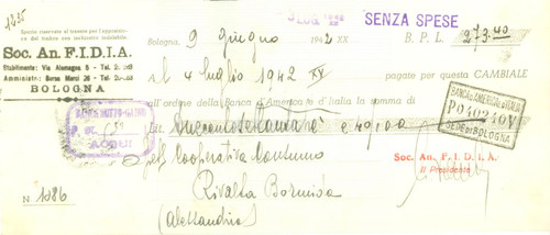 1942 BOLOGNA Società Anonima F.I.D.I.A. *Cambiale pubblicitaria