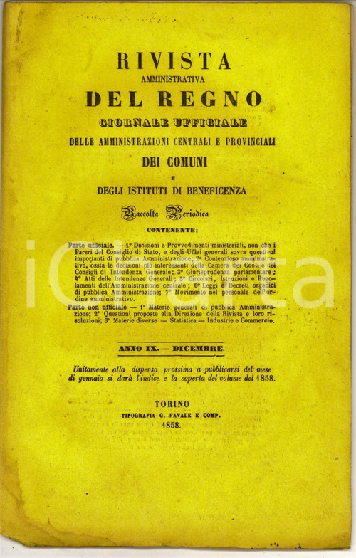 1858 TORINO Rivista Amministrativa del Regno - Leggi doganali *Anno IX CONDIZIONI: FAIR     originale e autentica 1