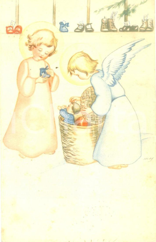 1920 ca BUON NATALE Angioletti mostrano bambino nella cesta *Cartolina augurale