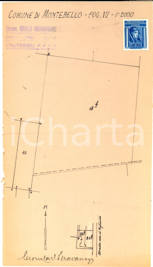 1930 MONTEBELLO DELLA BATTAGLIA Planimetria campo strada FOGLIARINA *GRAVANAGO  Planimetria d'epoca di un'area rurale in provincia di Pavia.Firma del geomtera Carlo Gravanago di Casteggio.DIMENSIONI: cm 15x26 CONDIZIONI: fair     originale e autentica 1