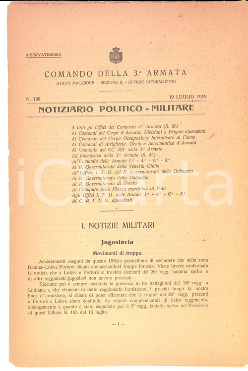 1919 COMANDO 3^ ARMATA Movimenti di truppe in Jugoslavia *N°198