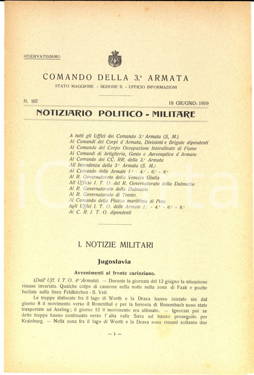 1919 COMANDO 3^ ARMATA Ipotesi sulla nascita di uno Stato di FIUME *NÂ°167 DATA: 18 giugno 1919 CONDIZIONI: fair     originale e autentica 1