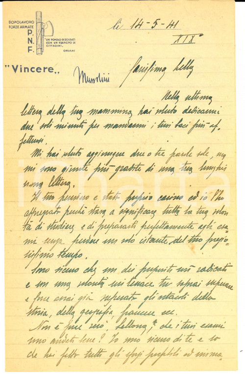 1941 WW2 Conte Edmondo ZANCHI lieto per i risultati della figlia *Lettera