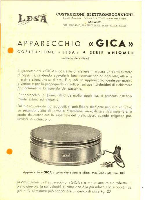1950 ca MILANO Apparecchio GICA serie NIOME *Volantino ILLUSTRATO