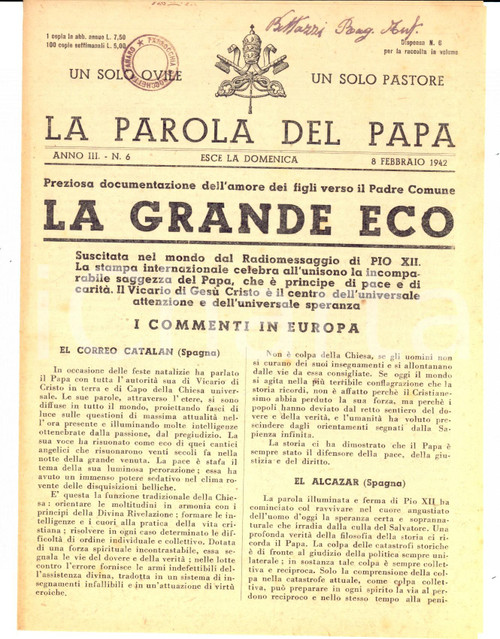 1942 LA PAROLA DEL PAPA Radiomessaggio di Pio XII al mondo *Anno III nÂ°6 Bollettino domenicale contenente gli insegnamenti papali. CONDIZIONI: FAIR    originale e autentica 1