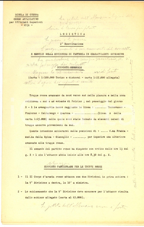 1931 TORINO Scuola di Guerra - LOGISTICA Fanteria in combattimento offensivo