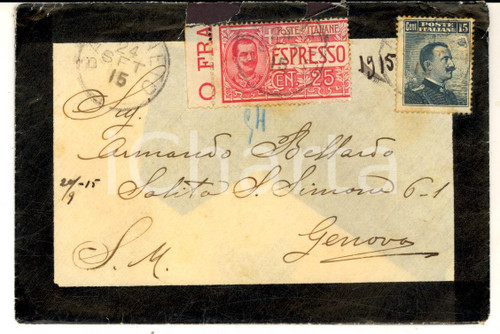 1915 STORIA POSTALE Busta Floreale Espresso cent. 25 + Michetti cent. 15 SIGILLO