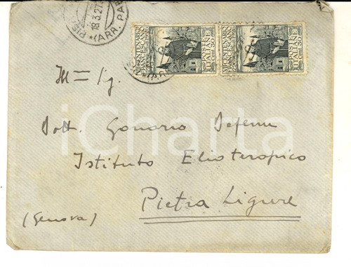 1927 STORIA POSTALE PISA Busta Giuseppe TORNABUONI 30 c. Centenario Francescano