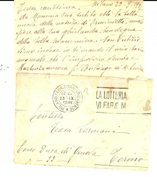 1937 MILANO Biglietto nobildonna a contessa Teresa SORMANI per nascita Erminia